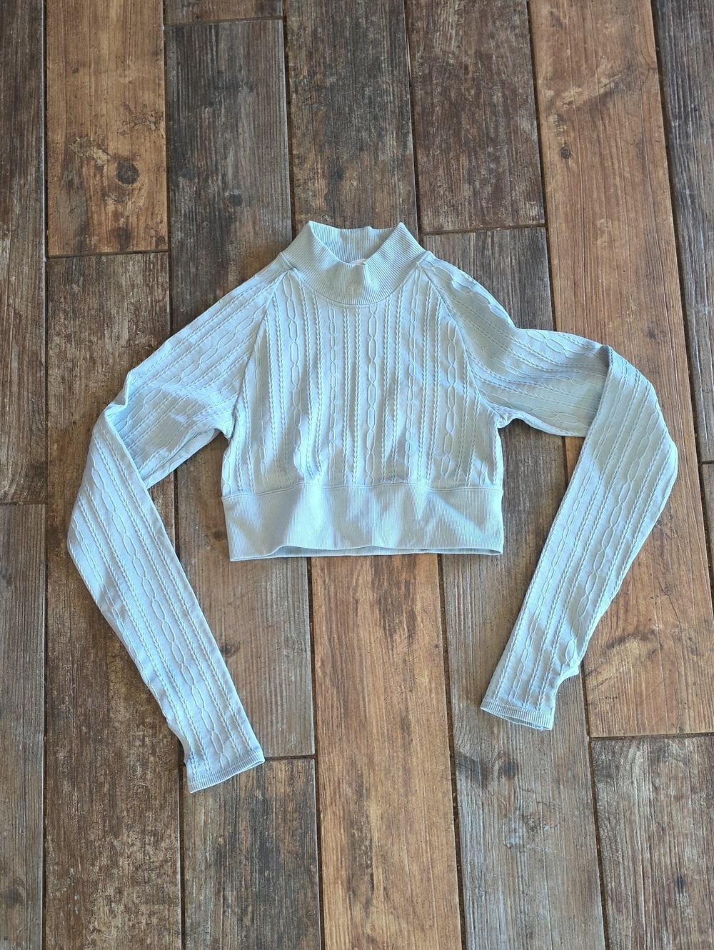 ALO Yoga Pale Blue Cable-Knit Cropped Mock Neck Pullover